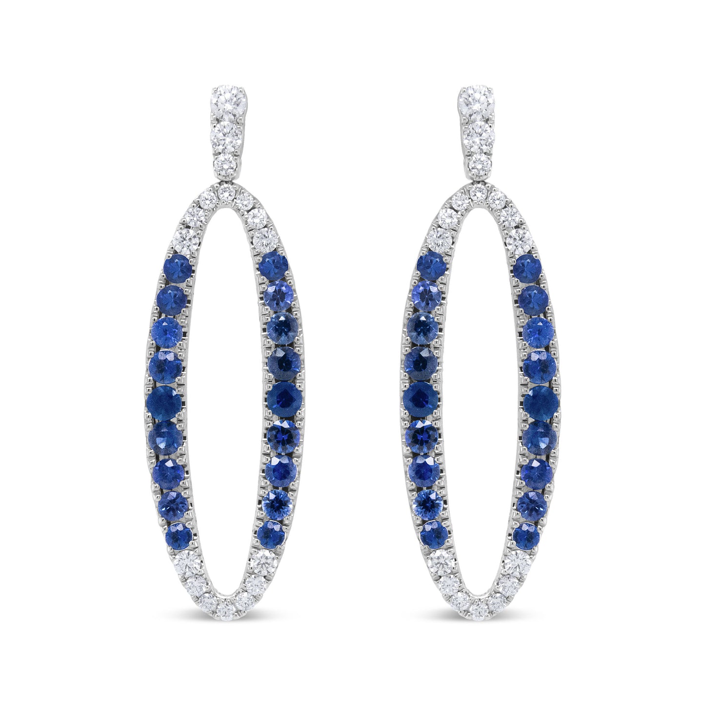 18K White Gold 1.11 Cttw Blue Round Diamond and Blue Sapphire Openwork Oval Shaped Dangle Earrings (F-G Color, VS1-VS2 Clarity)