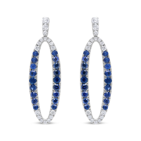 18K White Gold 1.11 Cttw Blue Round Diamond and Blue Sapphire Openwork Oval Shaped Dangle Earrings (F-G Color, VS1-VS2 Clarity)