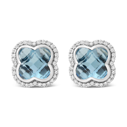 18K White Gold 3/8 Cttw Diamond and 11x11mm Clover-Cut London Blue Topaz Gemstone Halo Clover Stud Earrings (G-H Color, SI1-SI2 Clarity)