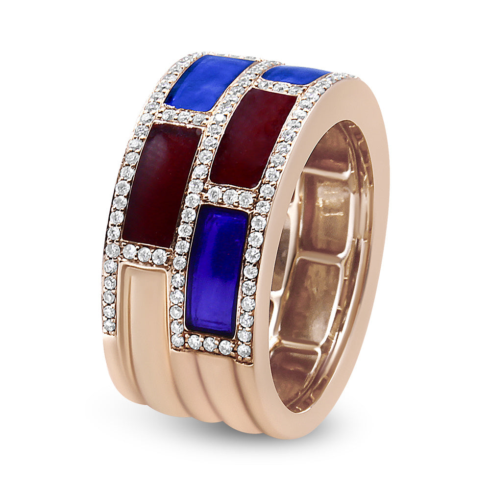 18K Rose Gold Alternating Red and Blue Enamel and 1/2 Cttw Diamond Studded Band Ring (F-G Color, VS1-VS2 Clarity) - Ring Size 7