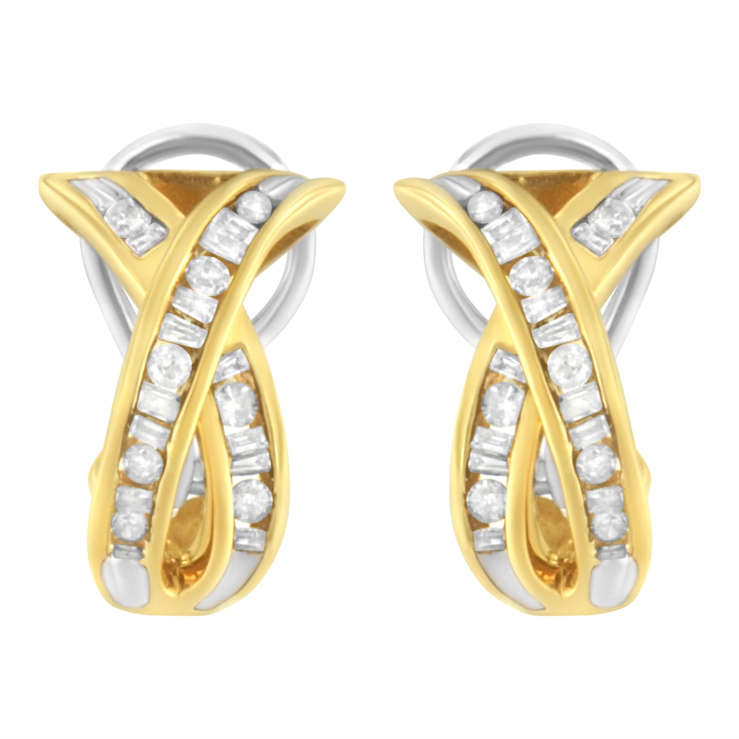 14K Yellow and White Gold 1/2 TDW "X" Shape Cross Over Diamond Hoop Earrings (I-J, I2-I3)