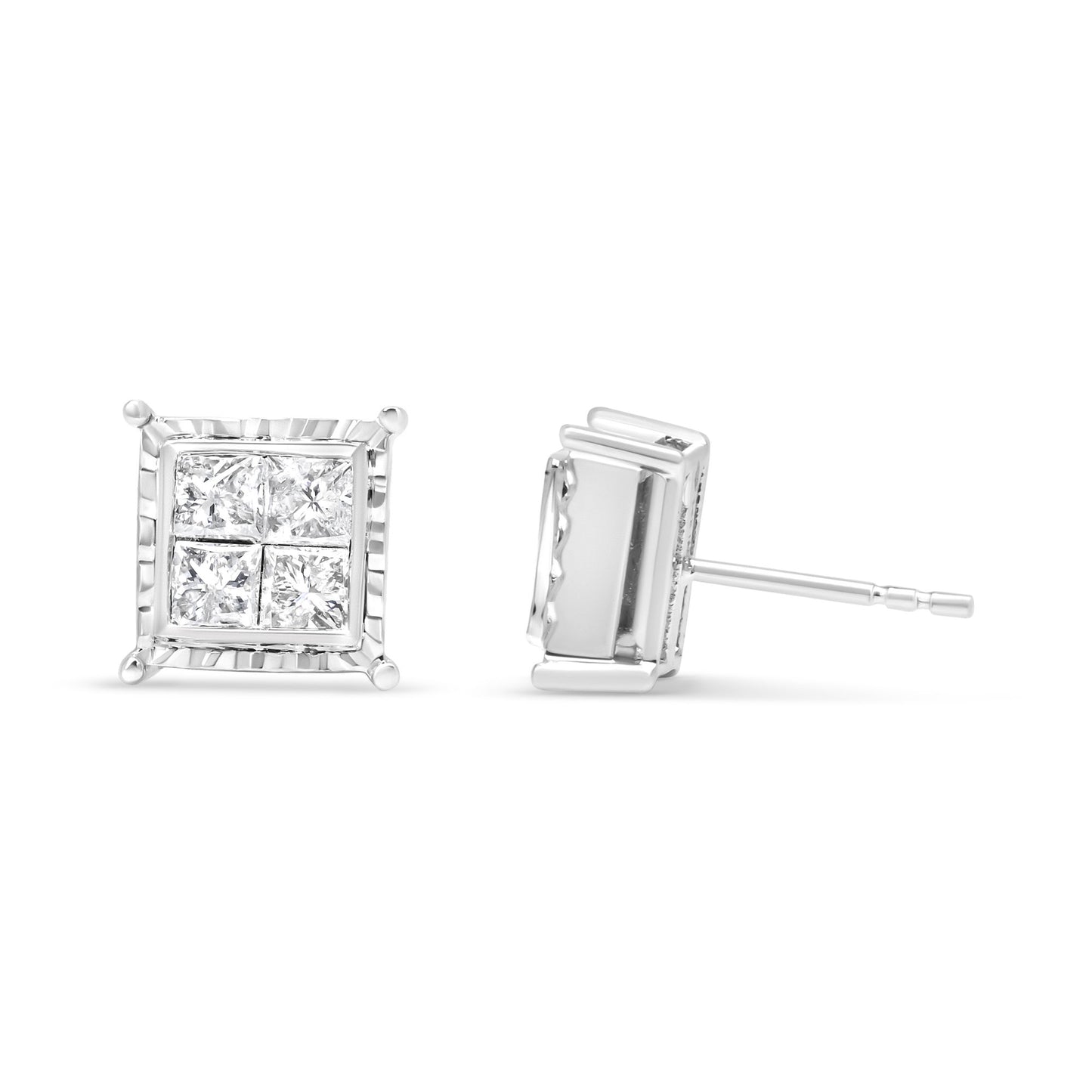 14K Gold 1 1/2 Cttw Invisible Set Princess-Cut Diamond Contemporary Wavy Quad Stud Earrings (I-J Color, I1-I2 Clarity)