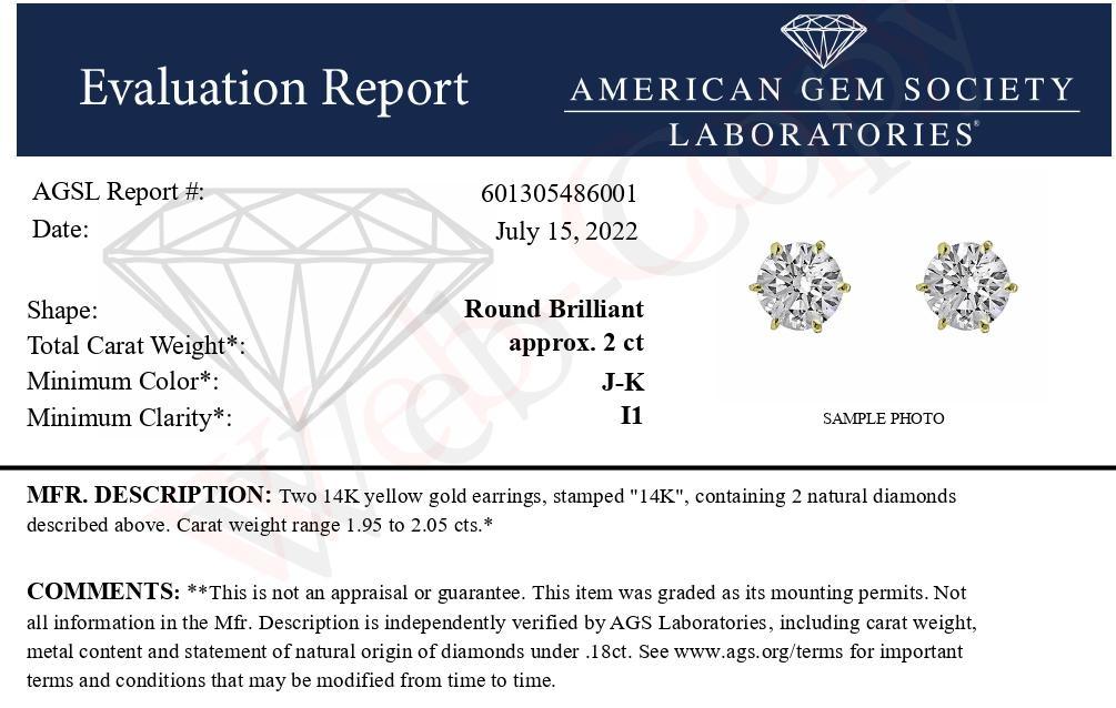 AGS Certified 2.00 Cttw Round Brilliant-Cut Diamond 14K Yellow Gold 6-Prong-Set Solitaire Stud Earrings with Screw Backs (J-K Color, I1-I2 Clarity)