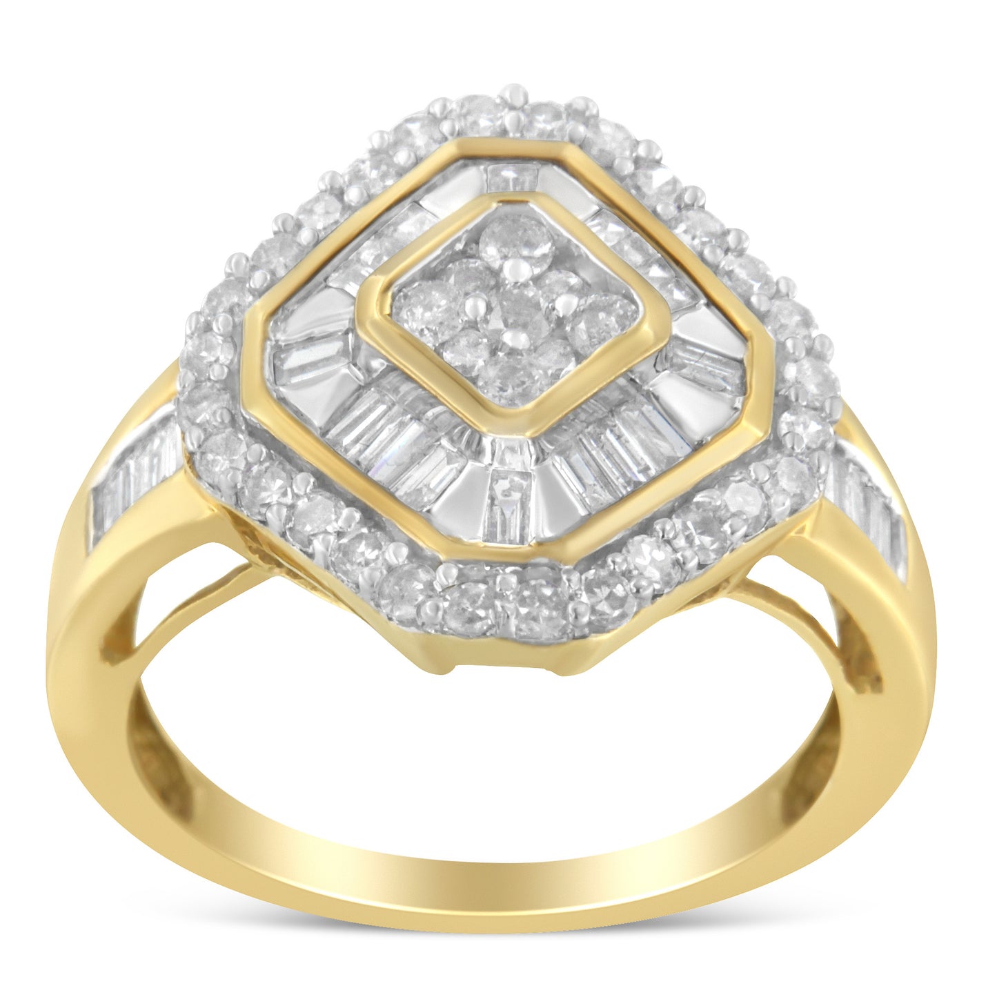 10K Yellow Gold Round and Baguette-Cut Diamond Cocktail Ring (1.0 Cttw, I-J Color, I1-I2 Clarity)