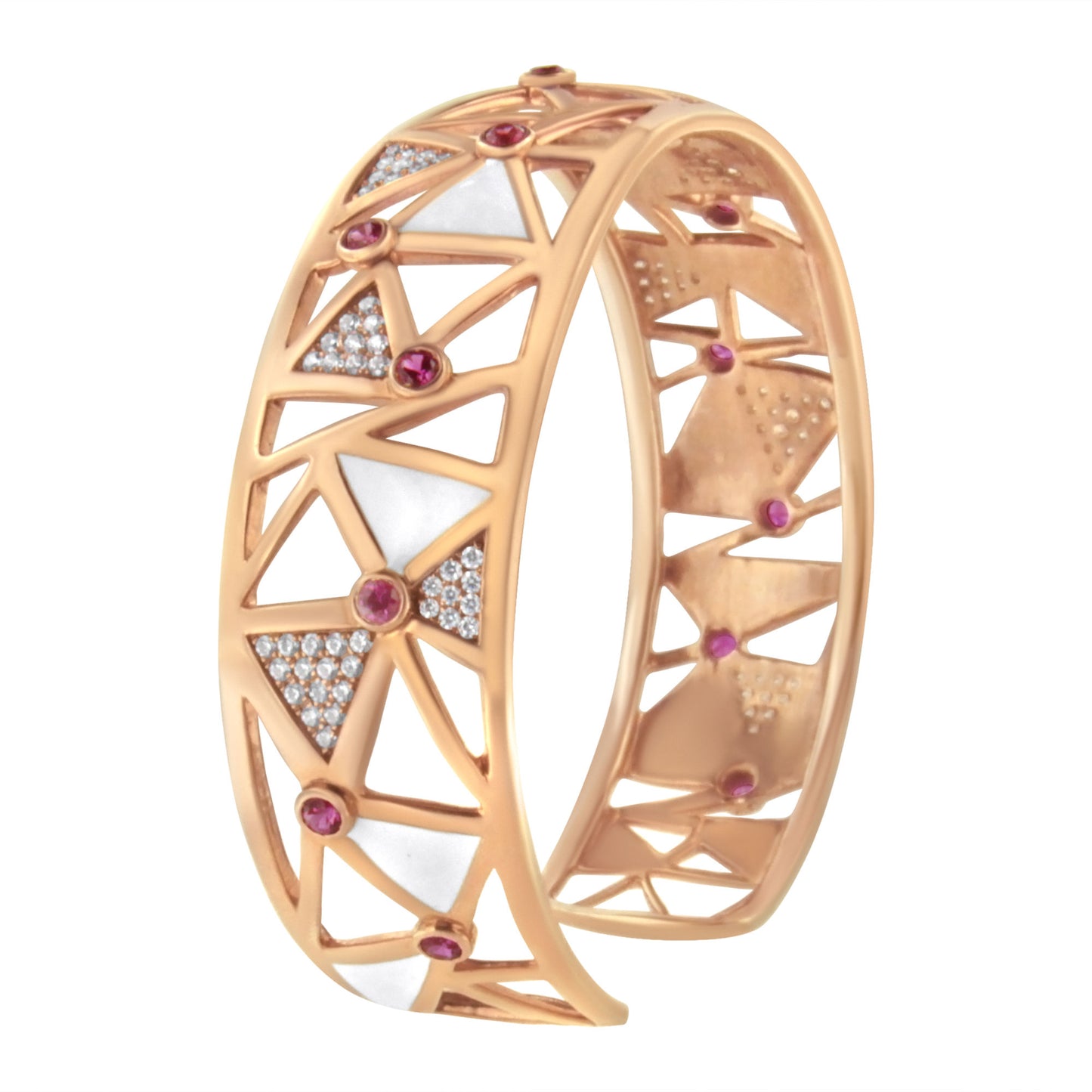 14K Rose Gold 5/8 Cttw Diamond with Pink Tourmaline Open Cuff Bangle with White Enamel (G-H Color, SI1-SI2 Clarity) - 7"