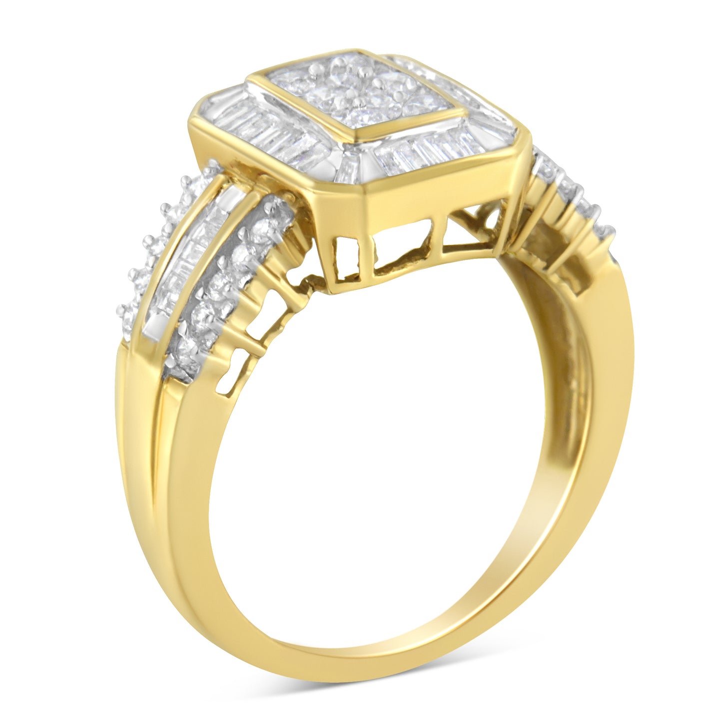 10K Yellow Gold Round and Baguette-Cut Diamond Cocktail Ring (1.0 Cttw, H-I Color, SI2-I1 Clarity)