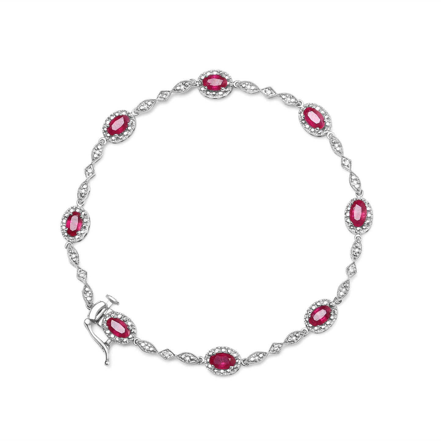 10K White Gold 4.5mm x 3mm Oval Ruby and Diamond Link Bracelet (H-I Color, SI1-SI2 Clarity) - Size 7"