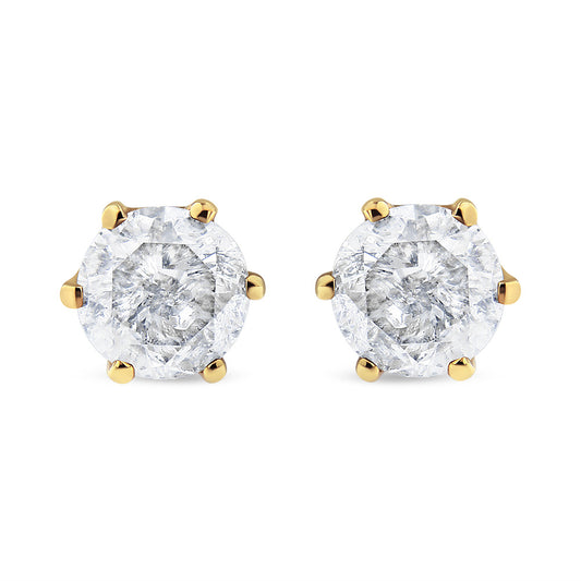 AGS Certified 2.00 Cttw Round Brilliant-Cut Diamond 14K Yellow Gold 6-Prong-Set Solitaire Stud Earrings with Screw Backs (J-K Color, I1-I2 Clarity)