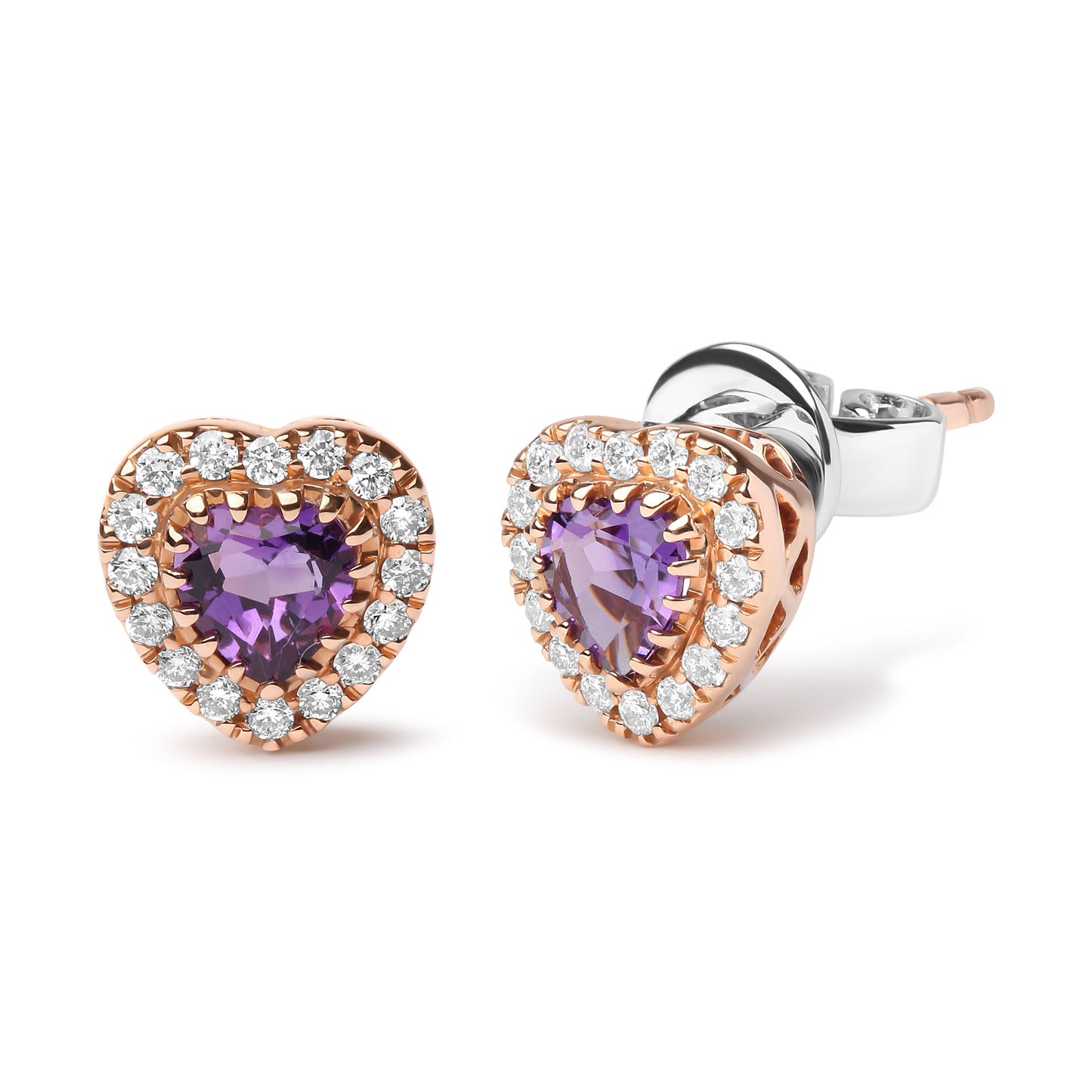 18K White and Rose Gold 1/6 Cttw Diamond and 4mm Heart Cut Purple Amethyst Gemstone Halo Heart Stud Earrings (G-H Color, SI1-SI2 Clarity)