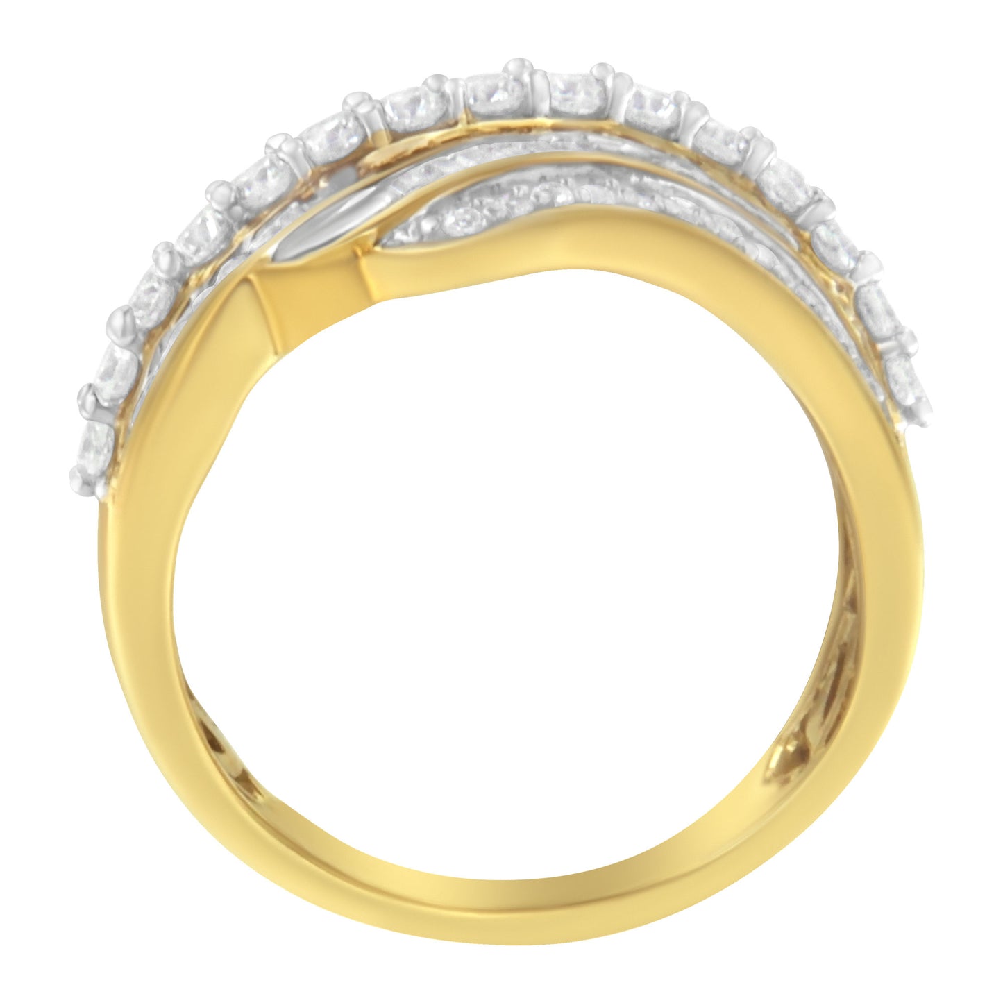 10K Yellow Gold 1.0 Cttw Baguette and Round Diamond Multi-Row Wave Bypass Ring (I-J Color, I1-I2 Clarity)