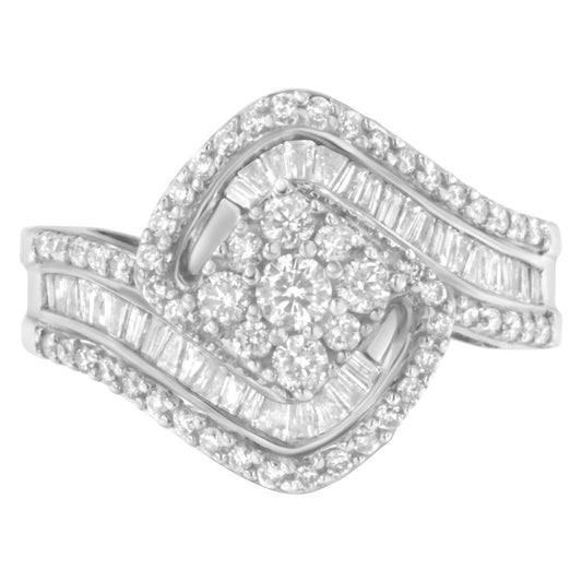 14K White Gold 1.0 Cttw Baguette & Brilliant-Cut Diamond Round Floral Cluster Engagement or Fashion Ring with Swirl Wrapped Triple Row Band (H-I Color, SI2-I1 Clarity)