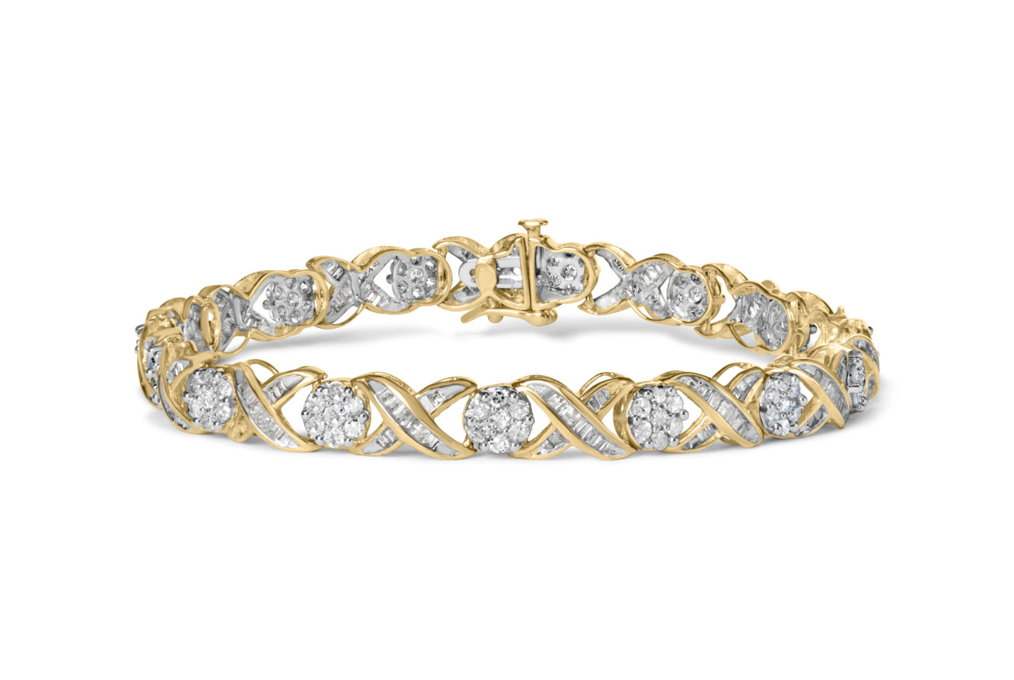 10K Yellow Gold 3.00 Cttw Round-Cut and Baguette-Cut Diamond 'XOXO' Floral Design Bracelet (J-K Color, I1-I2 Clarity)