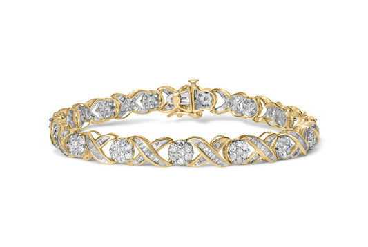 10K Yellow Gold 3.00 Cttw Round-Cut and Baguette-Cut Diamond 'XOXO' Floral Design Bracelet (J-K Color, I1-I2 Clarity)