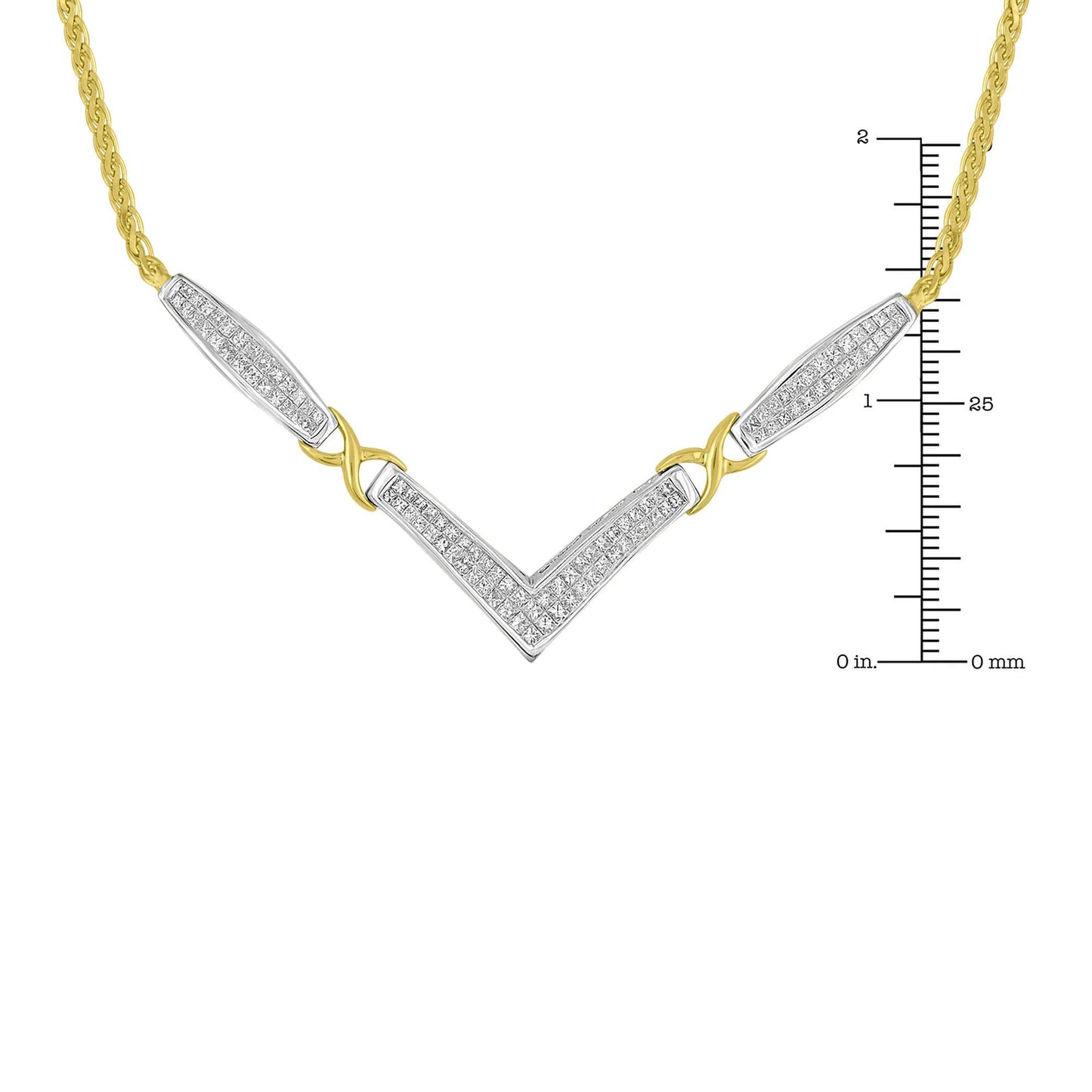 14K Yellow and White Gold 2.0 Cttw Princess Cut Diamond Flared and X-Station V Shaped 18' Franco Chain Statement Necklace (H-I Color, SI2-I1 Clarity)