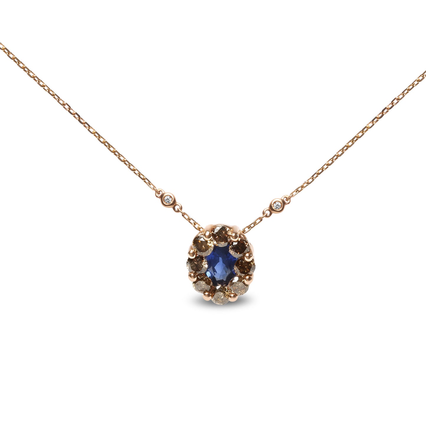 18K Rose Gold 5/8 Cttw White and Brown Diamond Accent and 7 x 4mm Oval Blue Sapphire Gemstone Statement Halo Cluster Pendant Necklace (Brown and G-H Color, SI1-SI2 Clarity)