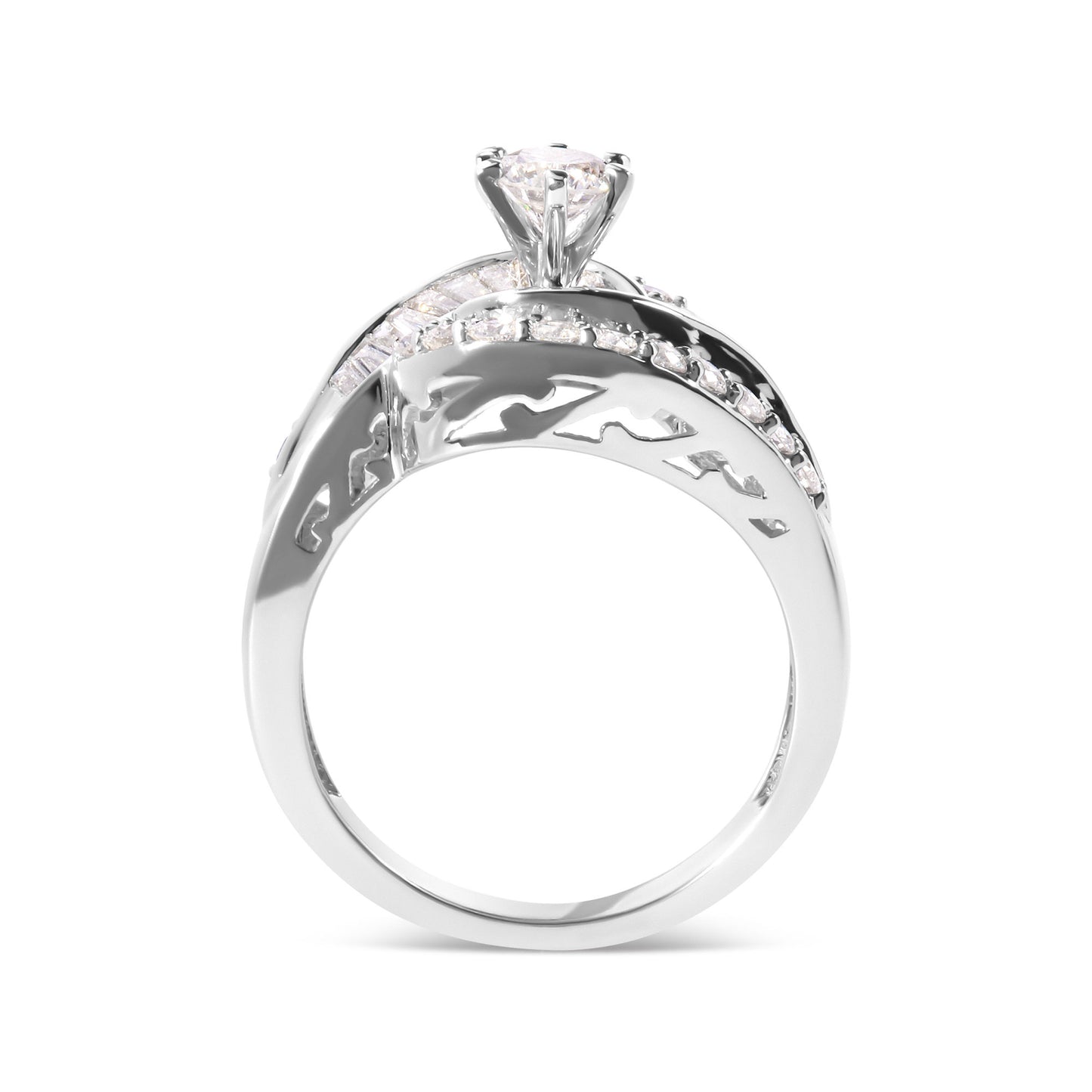 14K White Gold 1.00 Cttw Round and Baguette cut Diamond Swirl Cocktail Ring (H-I Color, SI2-I1 Clarity) - Ring Size 7