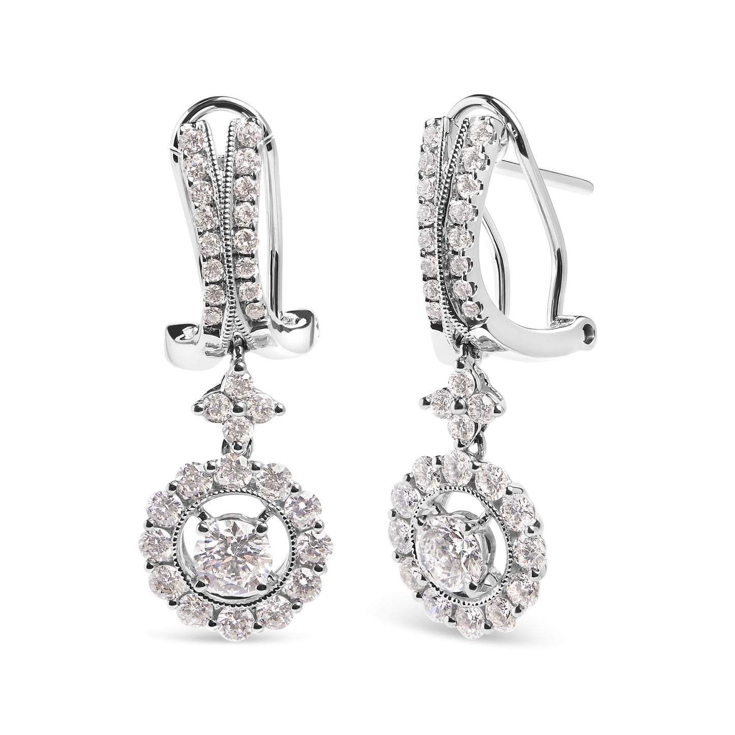 14K White Gold 1 7/8 Cttw Diamond Drop and Dangle Halo Earring with Omega Back (F-G Color, VS2-SI1)