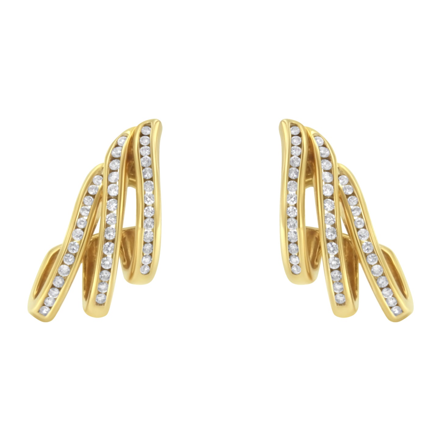 10K Yellow Gold 1.0 Cttw Round Brilliant Cut Diamond Spiral Multi Row Channel Set Open Hoop Pushback Stud Earrings (H-I Color, I1-I2 Clarity)