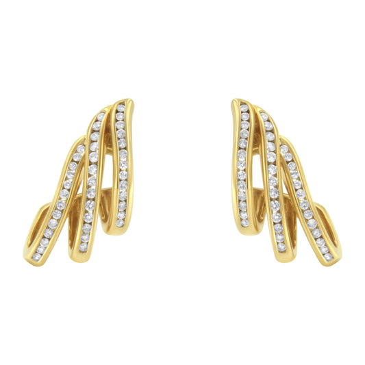 10K Yellow Gold 1.0 Cttw Round Brilliant Cut Diamond Spiral Multi Row Channel Set Open Hoop Pushback Stud Earrings (H-I Color, I1-I2 Clarity)