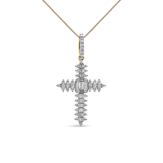 10K Yellow Gold 7/8 Cttw Round & Baguette Diamond Zigzag Pattern Cross Pendant Necklace (H-I Color, SI2-I1 Clarity) - NO CHAIN INCLUDED