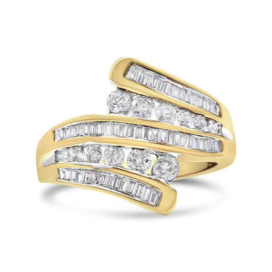 10K Yellow Gold 1 Cttw Round and Baguette-Cut Diamond Multi Row Bypass Ring Band (H-I Color, I1-I2 Clarity) - Ring Size 7