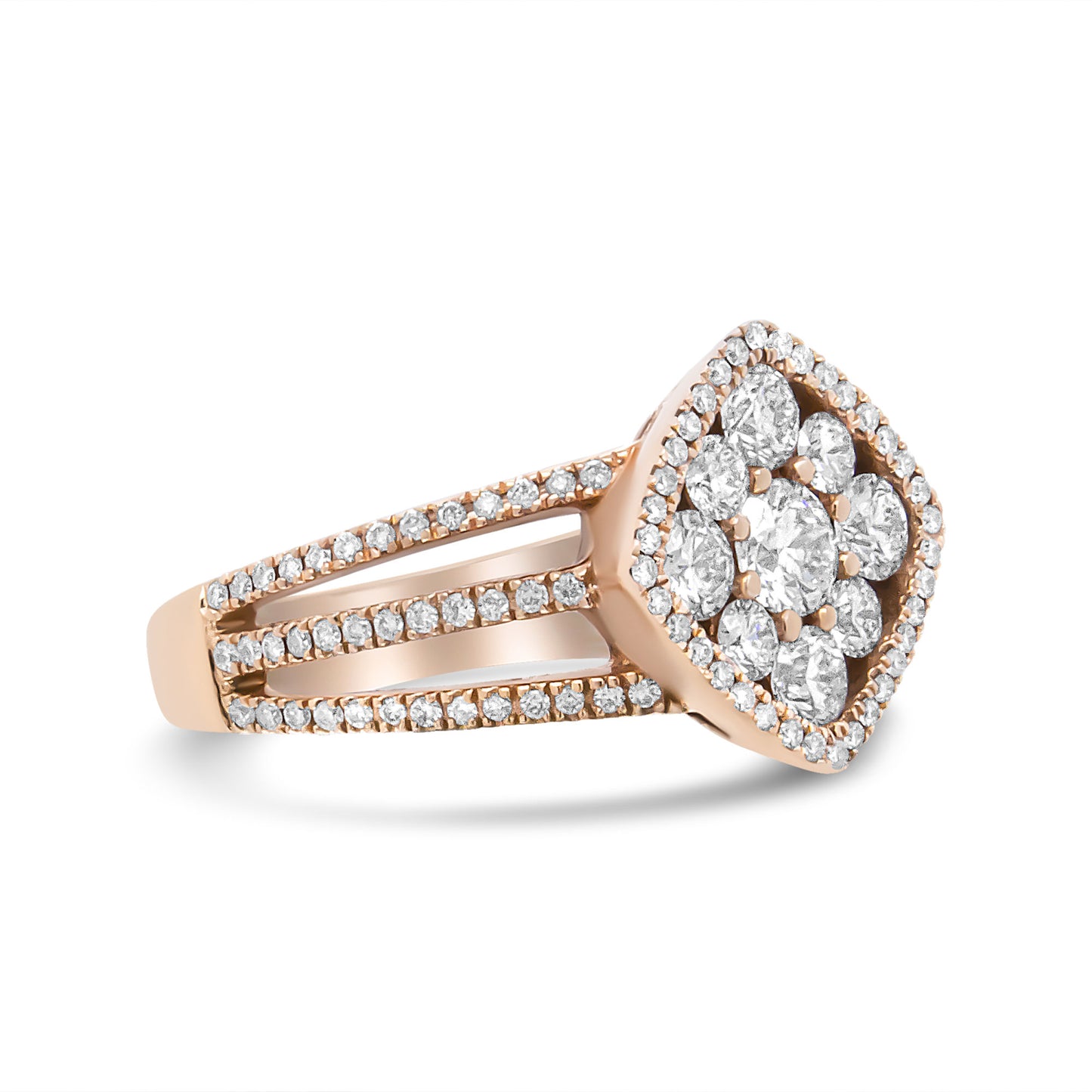 18K Rose Gold 1 1/4 Cttw Diamond Halo Cluster Split Shank Ring Band (F-G Color, VS1-VS2 Clarity) - Ring Size 6.5