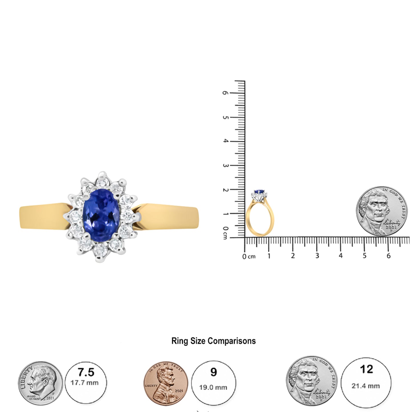 14K Yellow Gold 1/5 Cttw Round Diamond and 6x4mm Oval Blue Tanzanite Halo Ring (H-I Color, I1-I2 Clarity) - Size 7.75