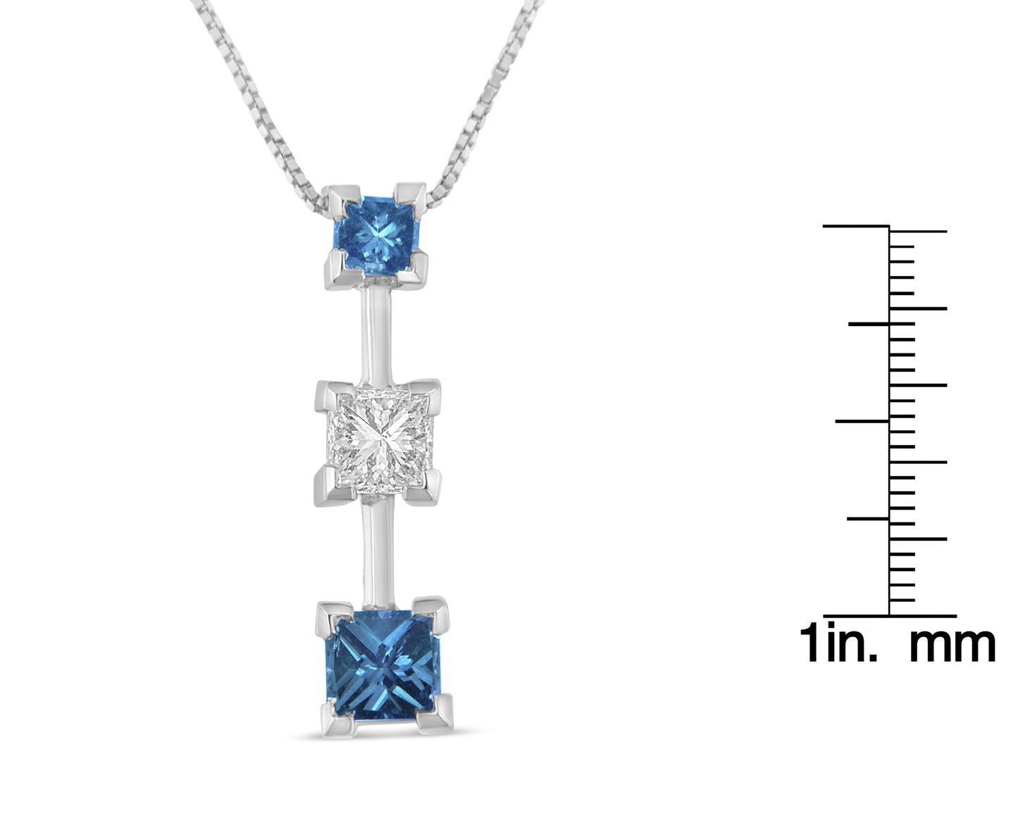 14K White Gold 7/8 cttw Treated Blue and White Princess Cut Diamond Pendant Necklace (H-I, SI2-I1)