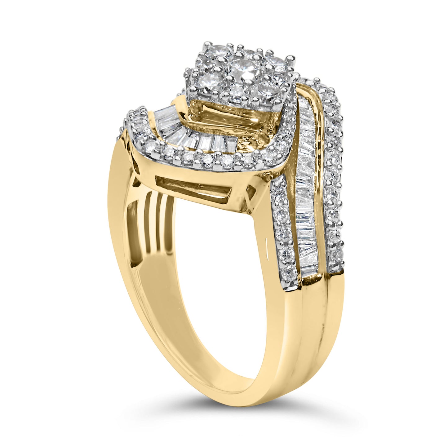 14K Yellow Gold 1.0 Cttw Baguette & Brilliant-Cut Diamond Round Floral Cluster Engagement or Fashion Ring with Swirl Wrapped Triple Row Band (H-I Color, SI2-I1 Clarity)