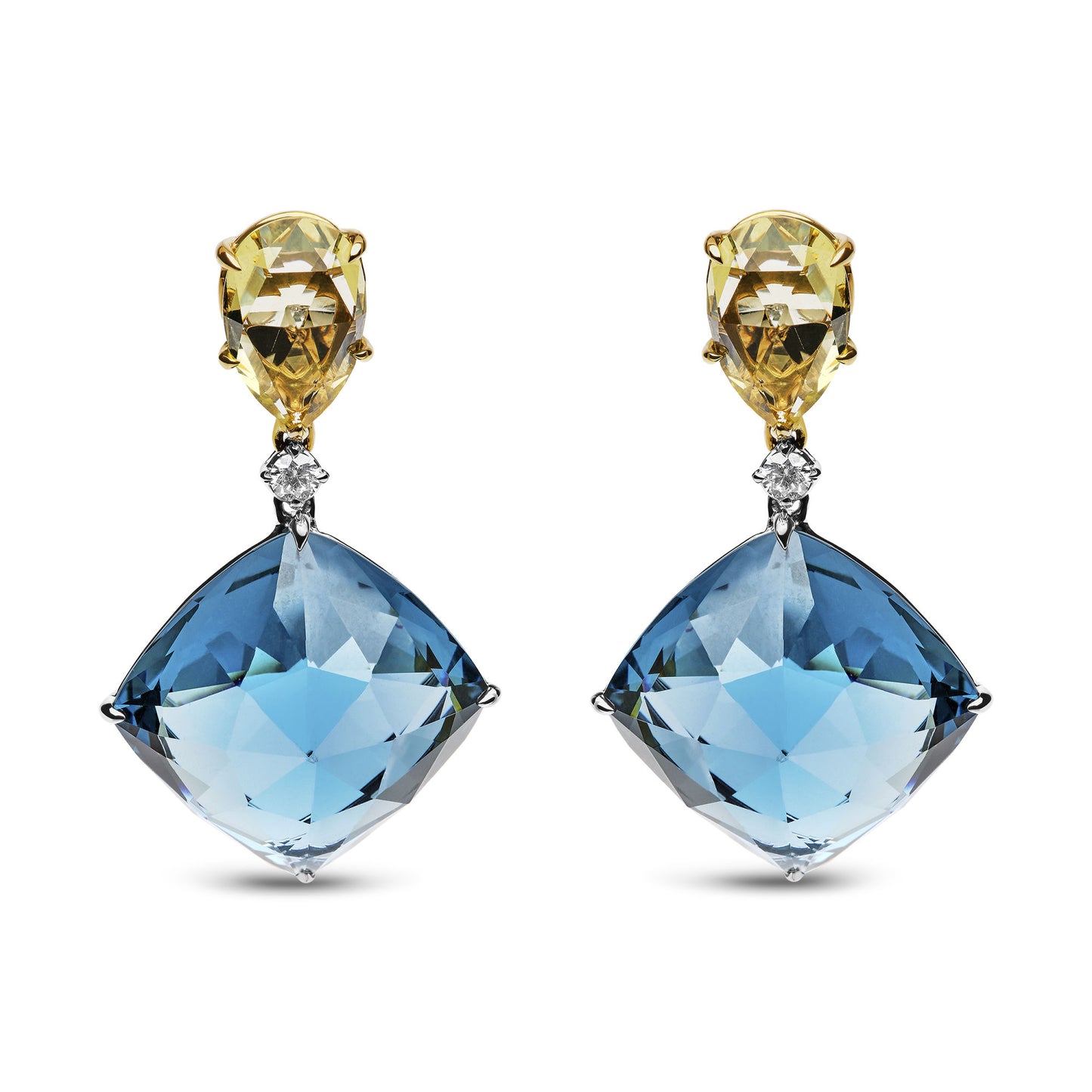 18K White and Yellow Gold 1/5 Cttw Diamond with Pear Cut Lemon Quartz, and Cushion Cut London Blue Topaz Gemstone Dangle Earring (G-H Color, SI1-SI2 Clarity)