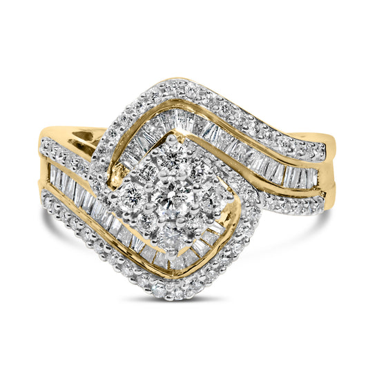 14K Yellow Gold 1.0 Cttw Baguette & Brilliant-Cut Diamond Round Floral Cluster Engagement or Fashion Ring with Swirl Wrapped Triple Row Band (H-I Color, SI2-I1 Clarity)