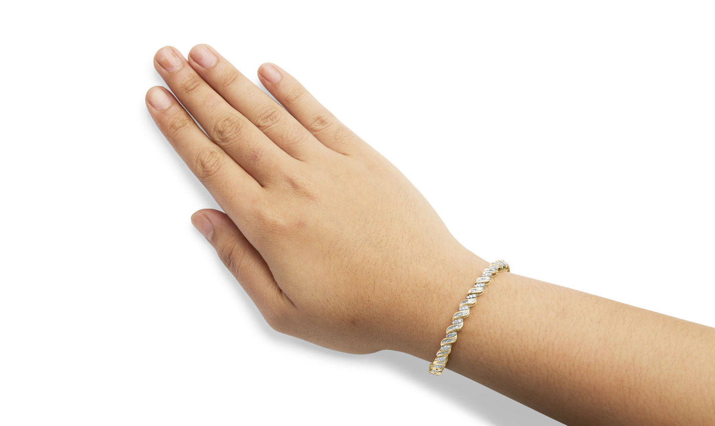 10k Yellow Gold 1.00 Cttw Round-Cut and Baguette-Cut S-Link 7.25" Bracelet (I-J Color, I2-I3 Clarity)