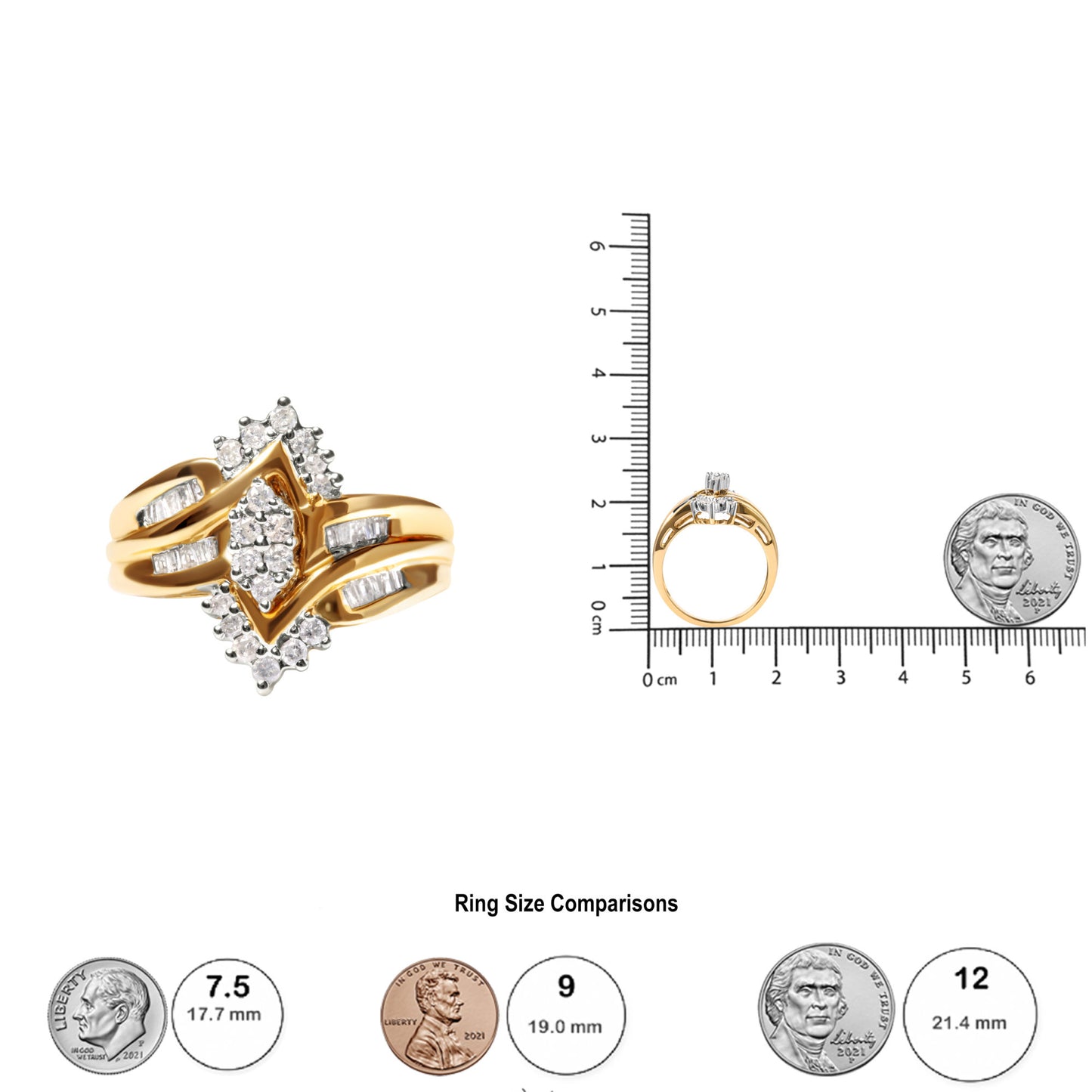 10K Two-Toned 1/2 Cttw Round And Baguette-Cut Composite Pear Head Diamond Ring (H-I Color, I2-I3 Clarity) - Ring Size 7