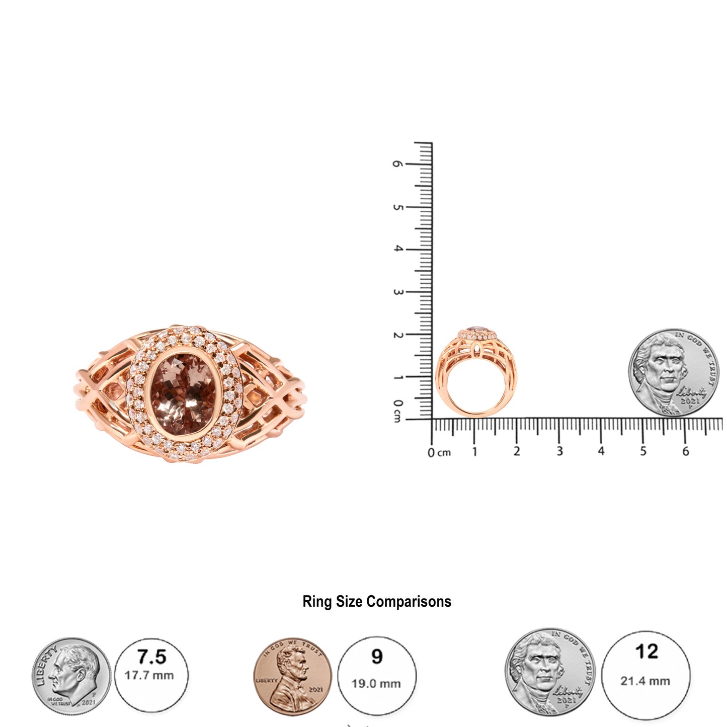 14K Rose Gold Oval Cut Light Pink Morganite and 3/8 Cttw Diamonds Halo and Basket Weave Cocktail Ring (G-H Color, SI1-SI2 Clarity) - Size 7