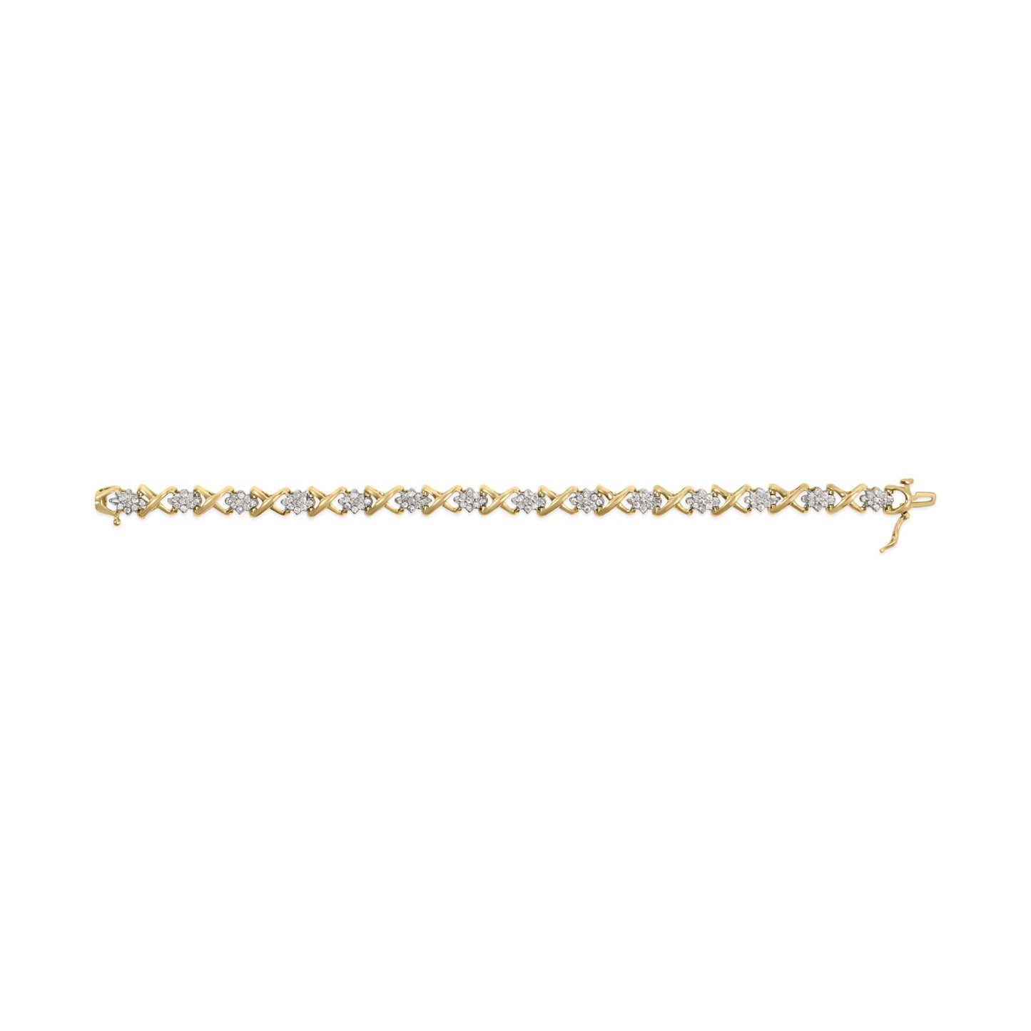 10k Yellow Gold 2.00 Cttw Diamond Cluster and Alternating "X" Link Bracelet (I-J Color, I3 Clarity) - 7"