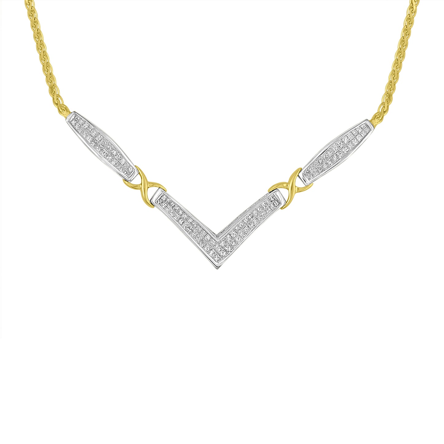 14K Yellow and White Gold 2.0 Cttw Princess Cut Diamond Flared and X-Station V Shaped 18' Franco Chain Statement Necklace (H-I Color, SI2-I1 Clarity)