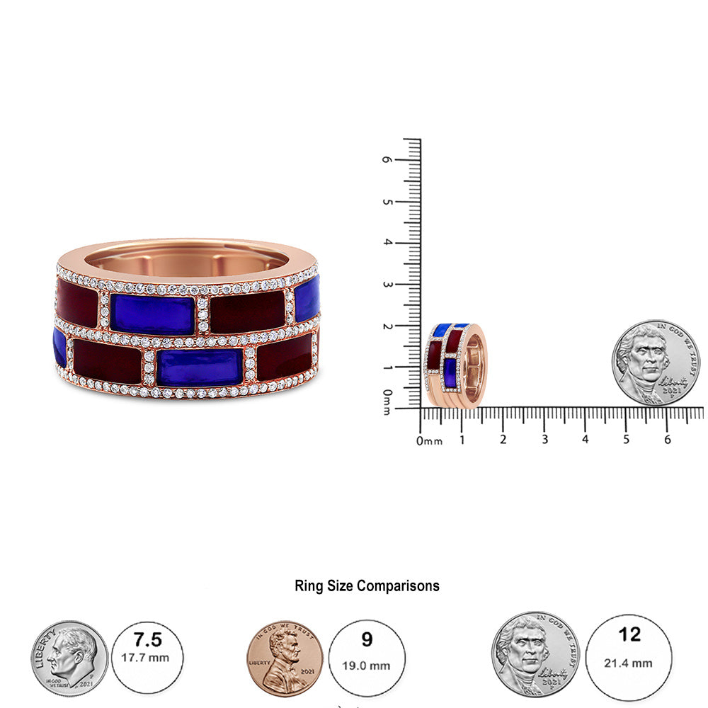 18K Rose Gold Alternating Red and Blue Enamel and 1/2 Cttw Diamond Studded Band Ring (F-G Color, VS1-VS2 Clarity) - Ring Size 7