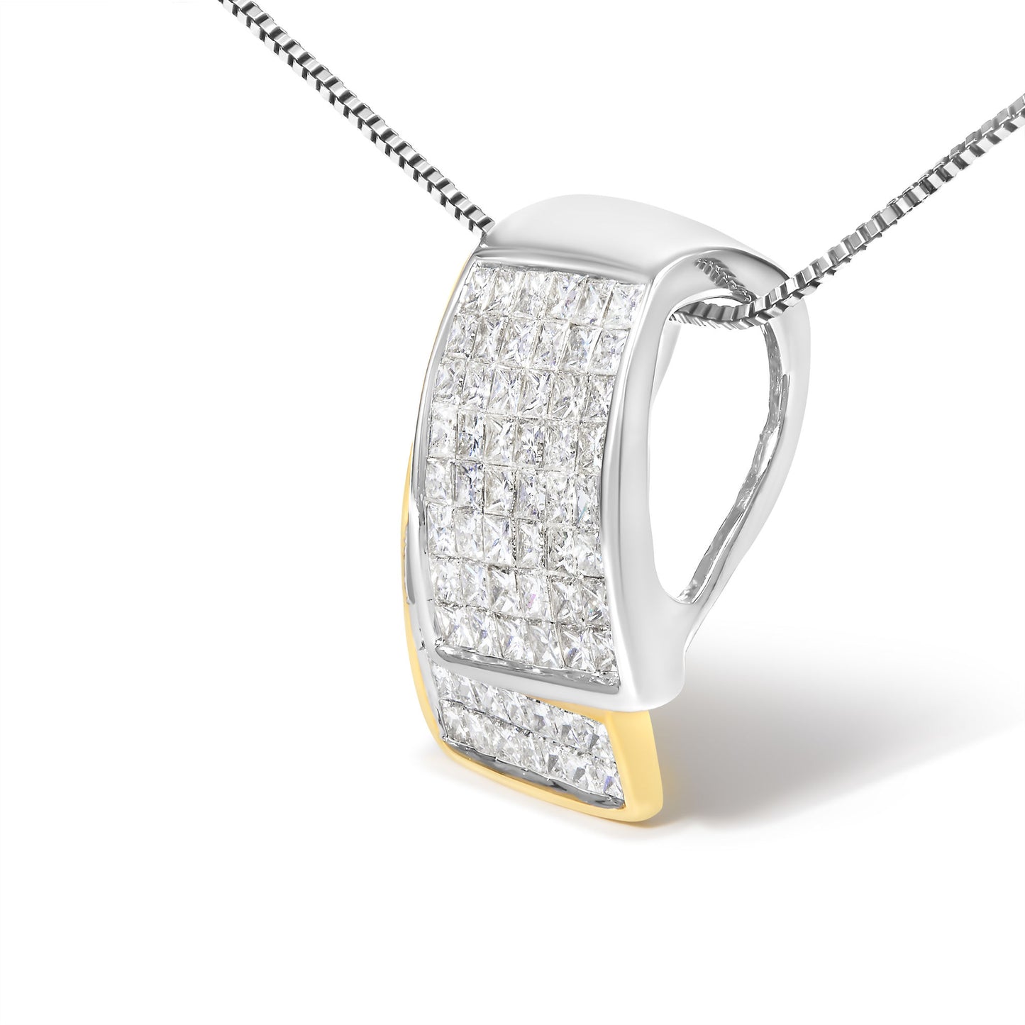 14K White and Yellow Gold 2.0 Cttw Princess Cut Diamond Two Tone Foldover Box Pendant 18' Box Chain Necklace (H-I Color, SI1-SI2 Clarity)