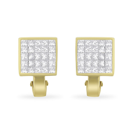 14K Yellow Gold 3-1/5 Cttw Princess Cut Diamond ¾ Square Invisible Set Grid Huggy Style Omega Back Stud Earrings (G-H Color, VS1-VS2 Clarity)