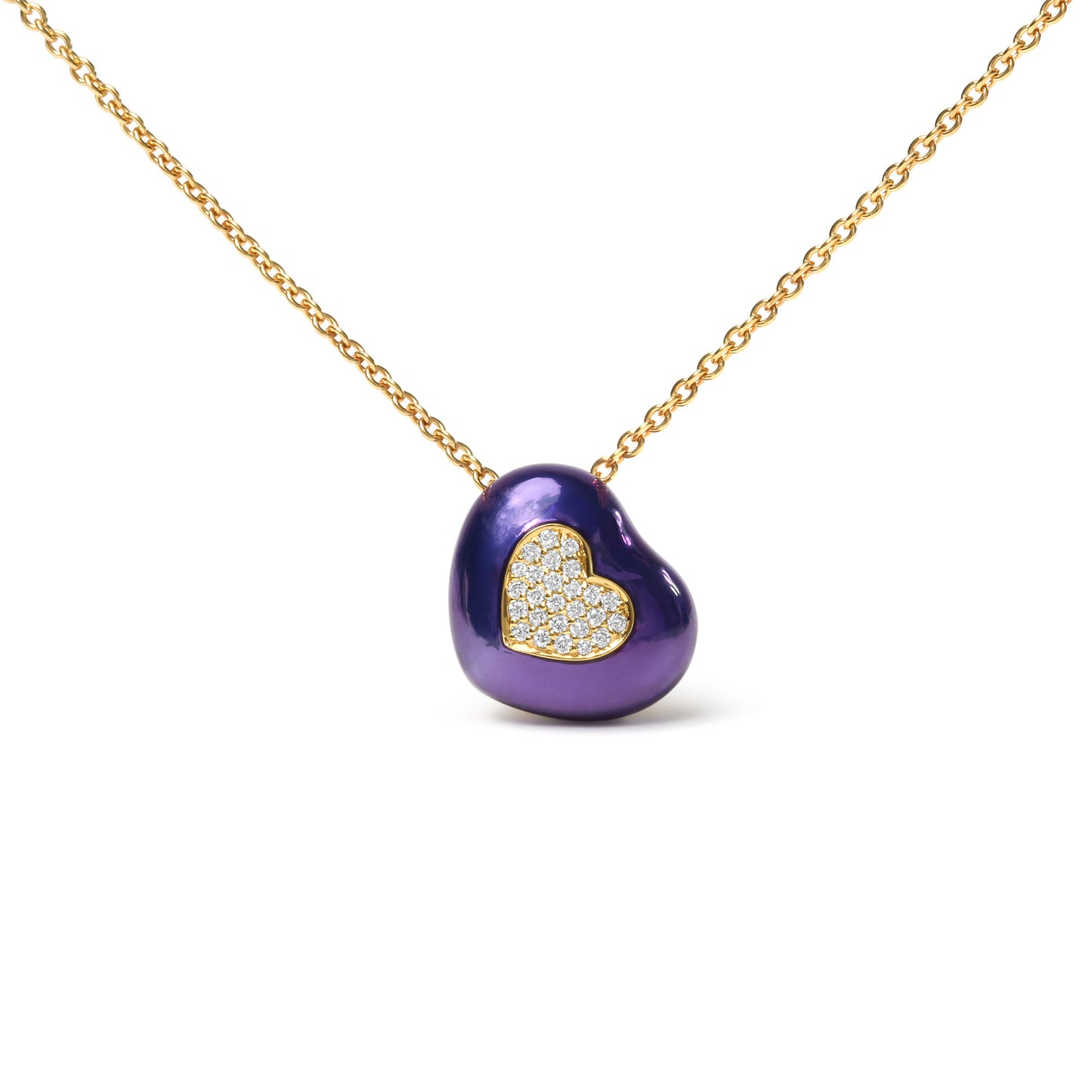 18K Yellow Gold Blue Enamel 1/10 Cttw Round Pave Diamonds Heart Shape 18" Pendant Necklace (G-H Color, SI1-SI2 Clarity) - Adjustable up to 16" - 18"