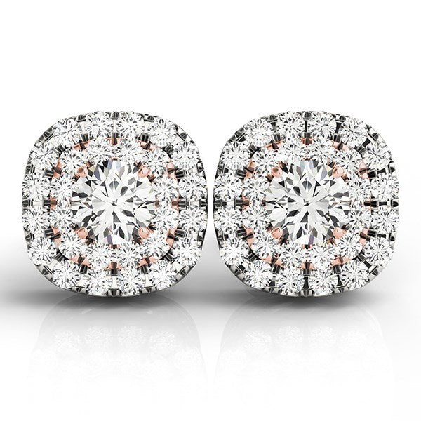 14k White and Rose Gold Cushion Shape Halo Diamond Earrings (3/4 cttw)