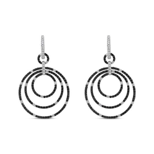 18K White Gold Round 2 1/3 Cttw Black and White Diamond Graduated Hoop Dangle Earrings (Black and F-G Color, VS1-VS2 Clarity)