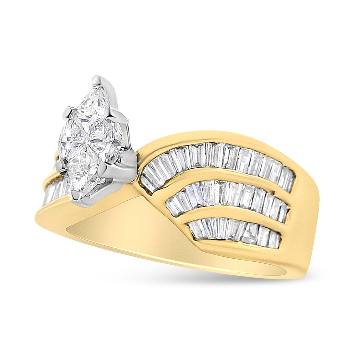 14K White and Yellow Gold 1 1/4 Cttw Pie and Baguette-Cut Diamond Marquise Shape Engagement Bypass Ring (H-I Color, VS1-VS2 Clarity) - Size 7