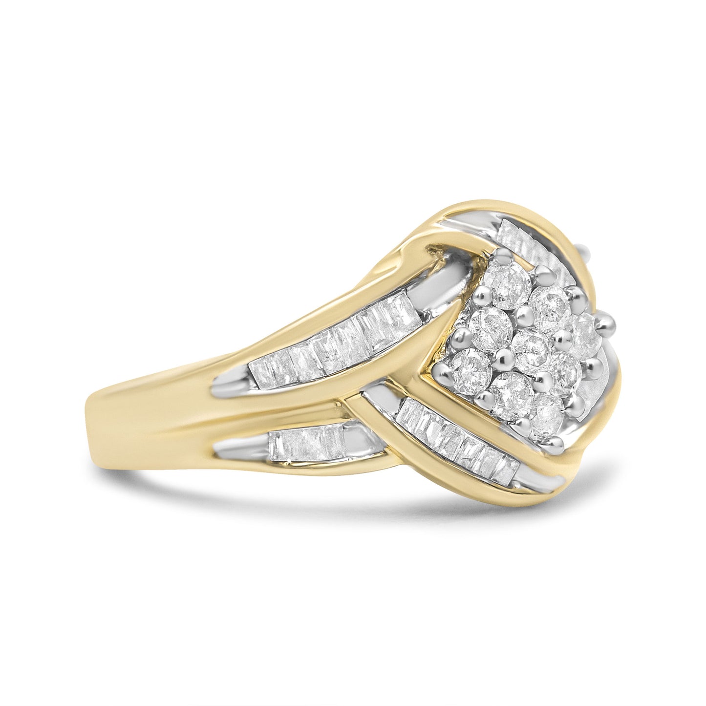 10K Yellow and White Gold 3/4 Cttw Diamond Cluster and Swirl Ring (H-I Color, I1-I2 Clarity)