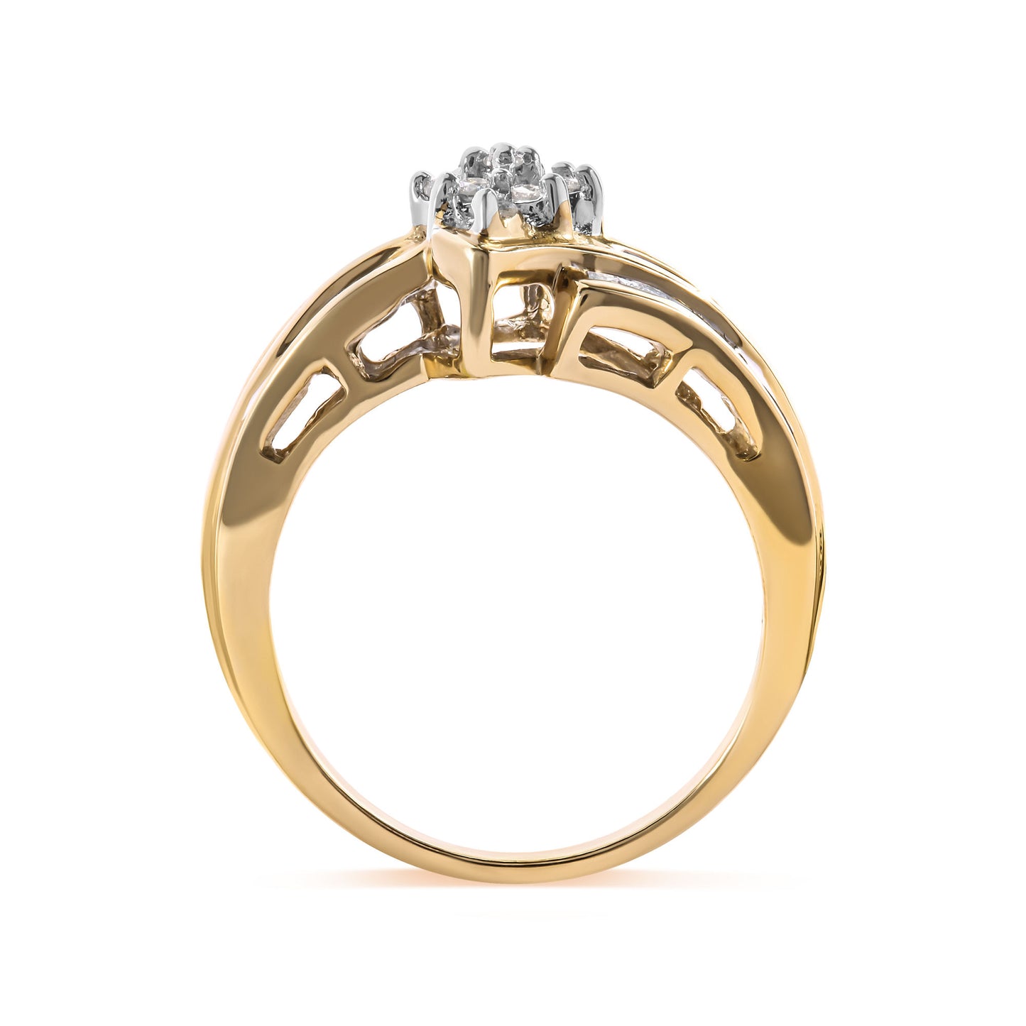 10K Yellow Gold 1/2 Cttw Round And Baguette-cut Diamond Cluster Head and Channel Set Shank Ring (H-I Color, I1-I2 Clarity) - Ring Size 7