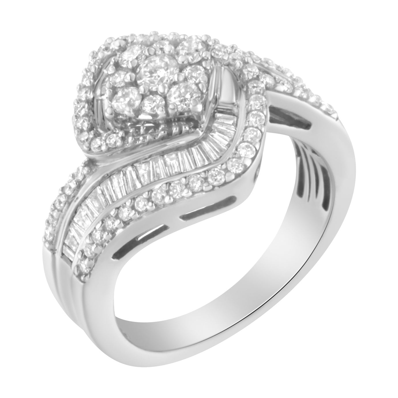 14K White Gold 1.0 Cttw Baguette & Brilliant-Cut Diamond Round Floral Cluster Engagement or Fashion Ring with Swirl Wrapped Triple Row Band (H-I Color, SI2-I1 Clarity)