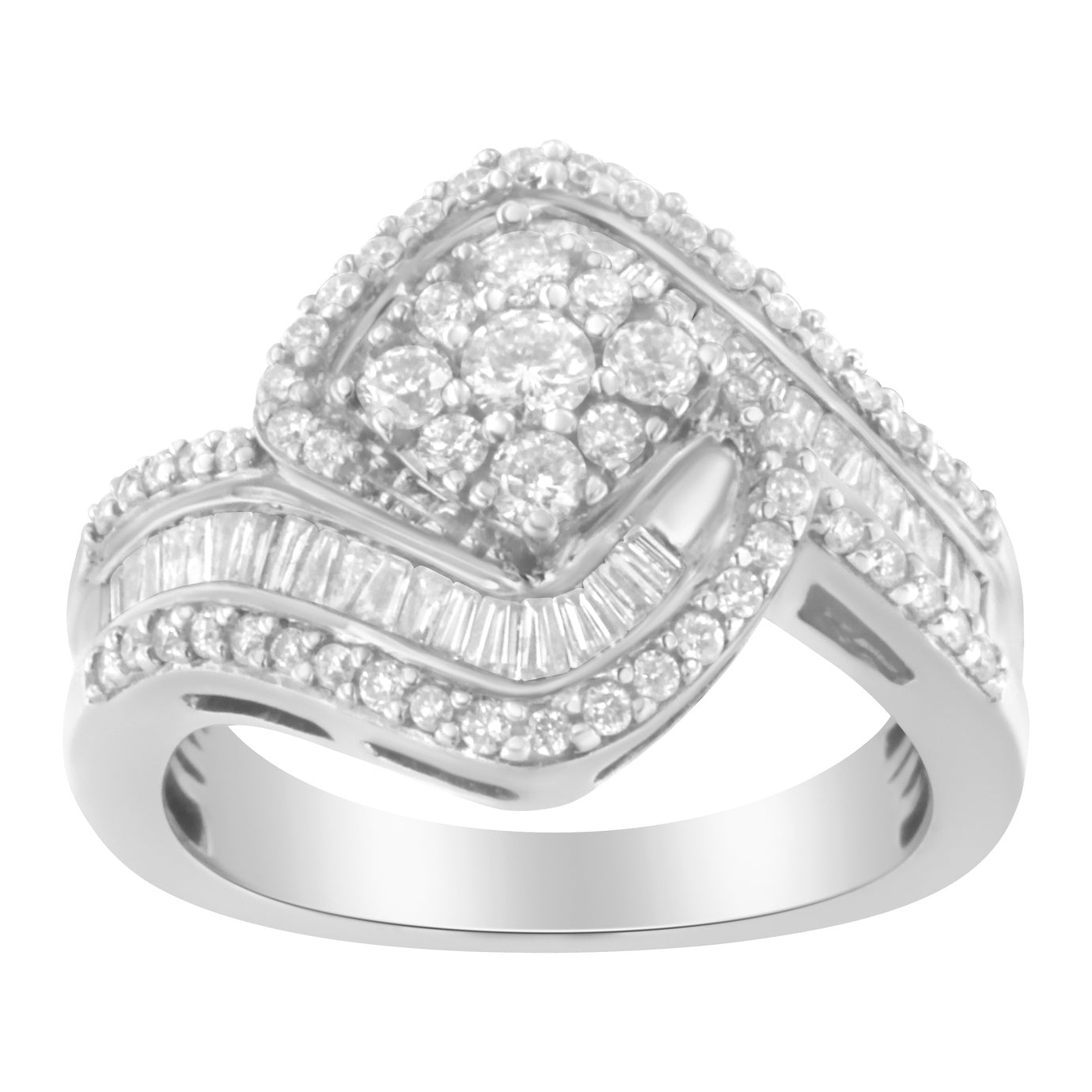 14K White Gold 1.0 Cttw Baguette & Brilliant-Cut Diamond Round Floral Cluster Engagement or Fashion Ring with Swirl Wrapped Triple Row Band (H-I Color, SI2-I1 Clarity)