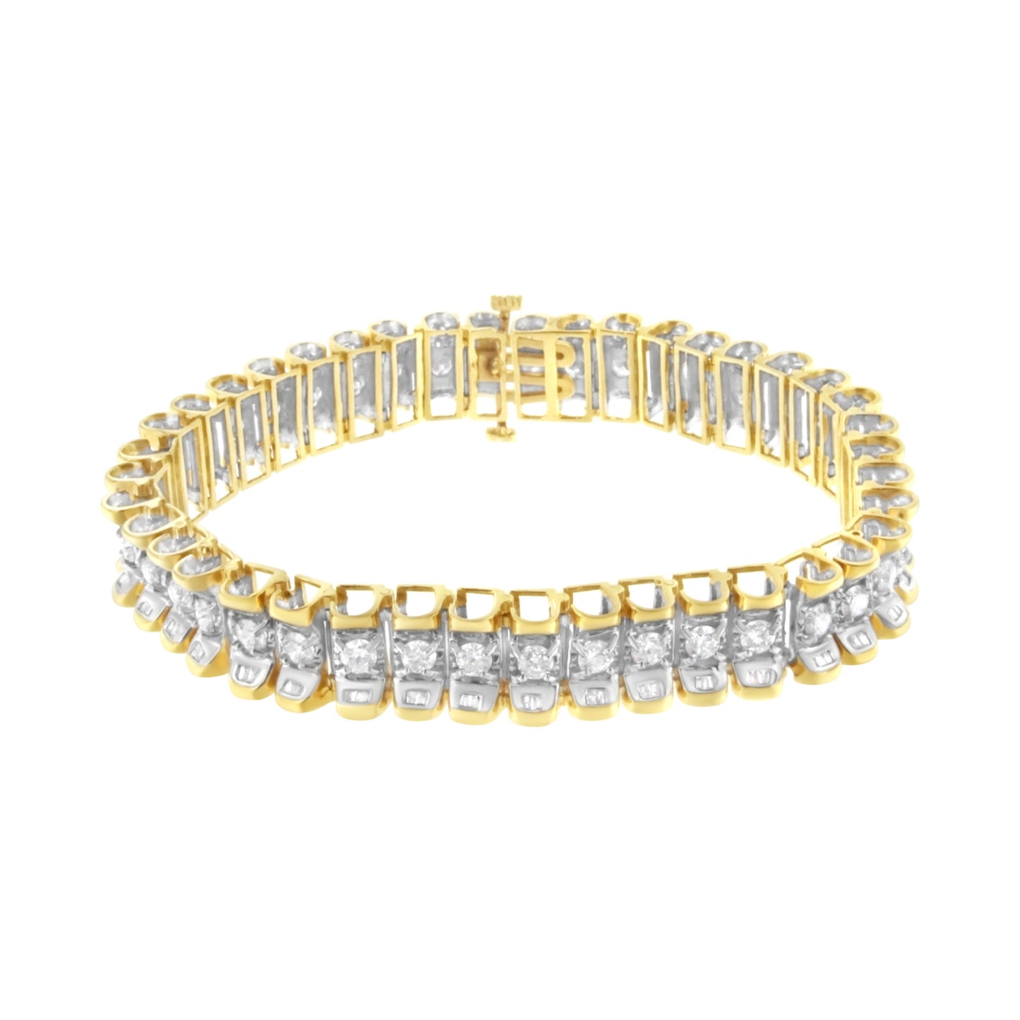 14K Yellow and White Gold 5.0 Cttw Round & Baguette Cut Diamond 7" Reflective Tennis Bracelet (H-I Color, I1-I2 Clarity)