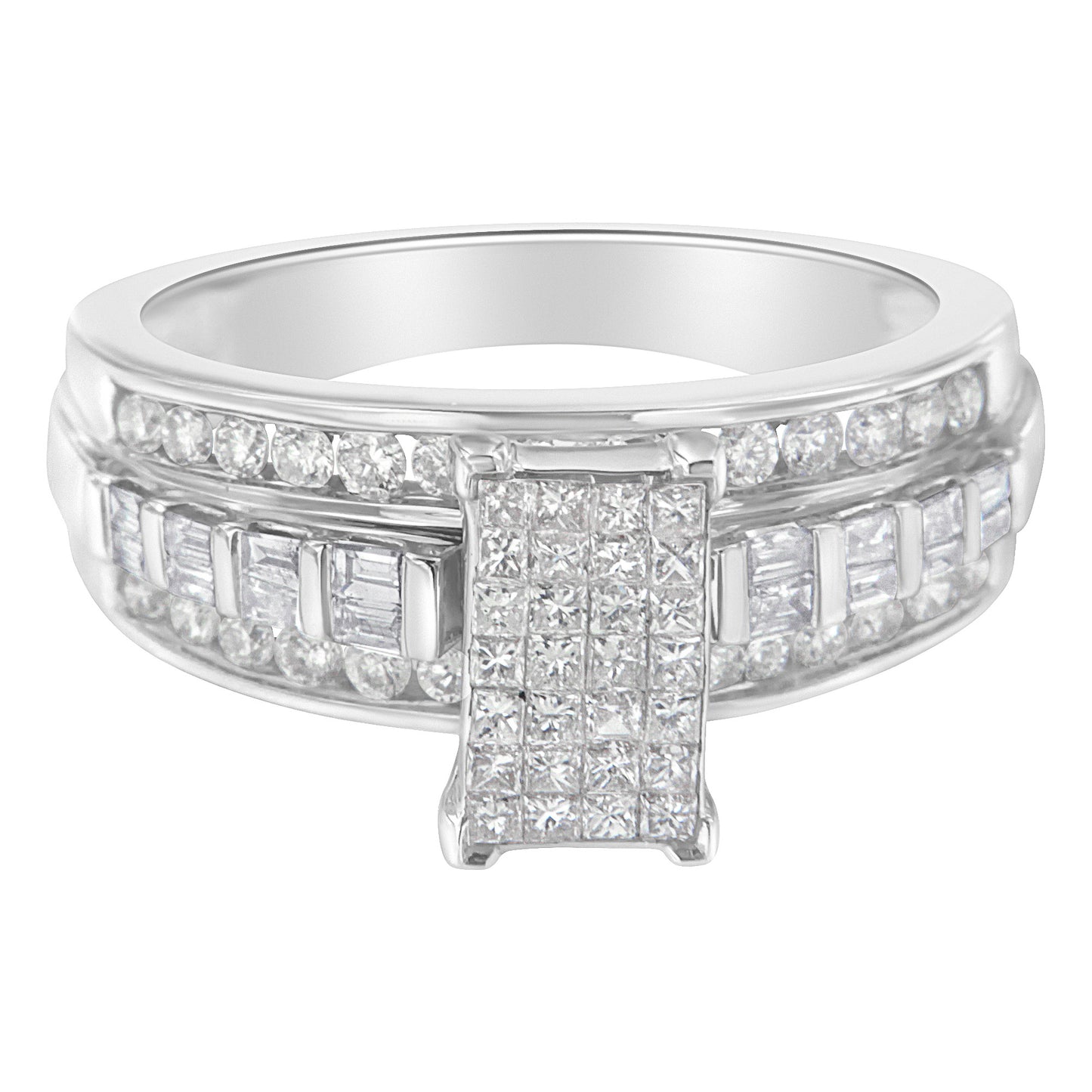 14K White Gold 1.0 Cttw Mixed-Cut Diamond Rectangle Invisible-Set Composite Cluster Ring with Bar- and Channel-Set Band (H-I Color, SI2-I1 Clarity)