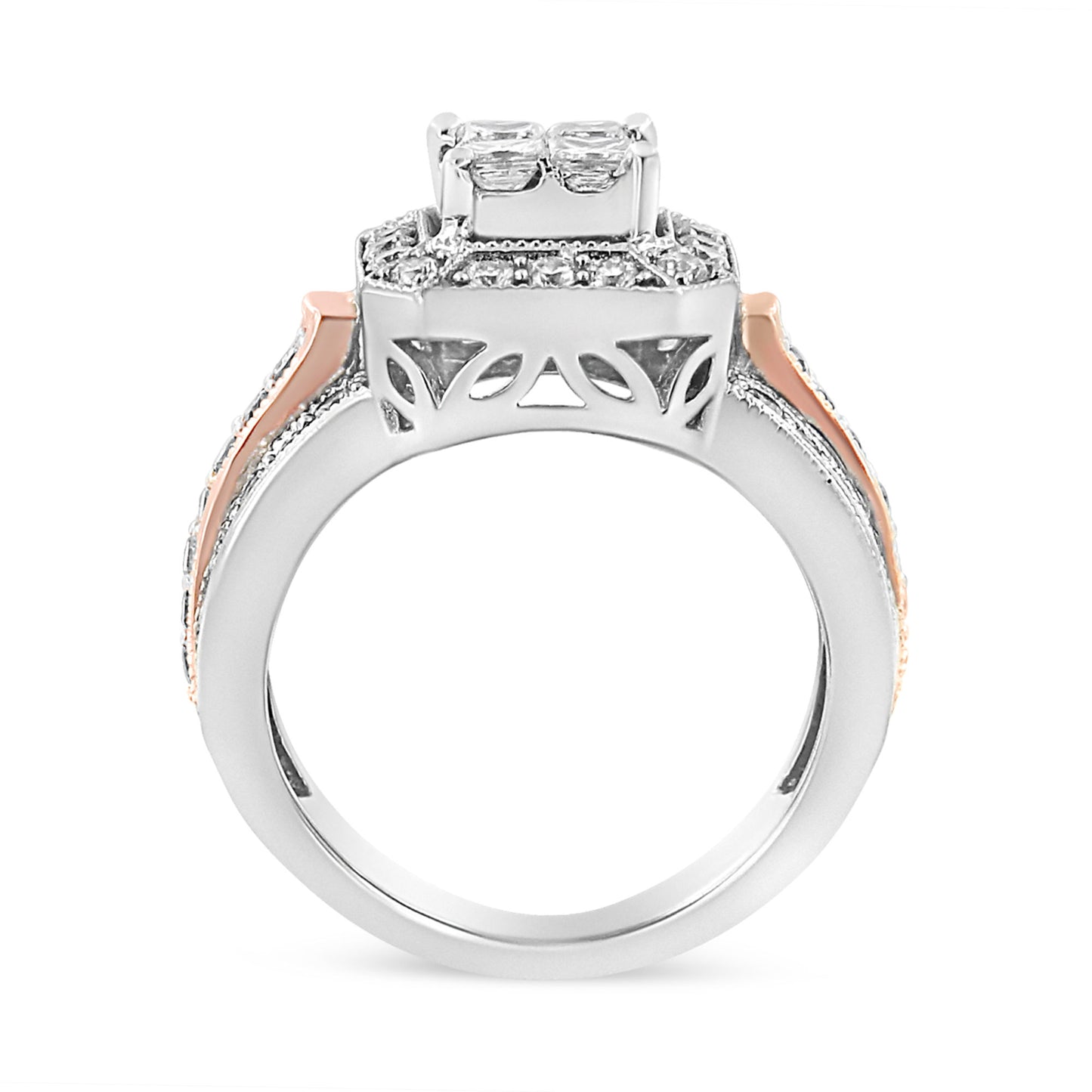 14K White and Rose Gold 1 1/8 Cttw Princess and Round-Cut Diamond Art Deco Style Triple Shank Halo Cocktail Ring (I-J Color, SI2-I1 Clarity)